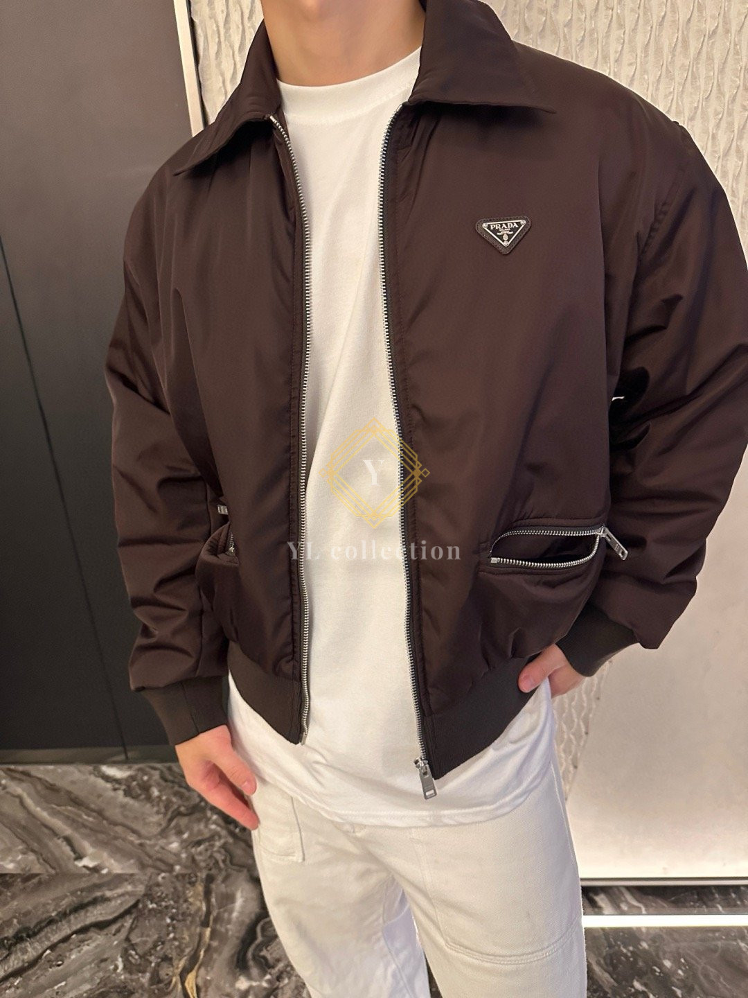 프라다 다크브라운 리나일론 블루종 재킷